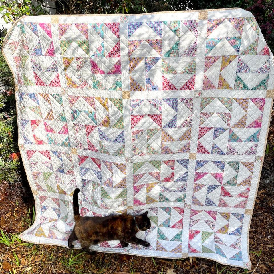 The Dutchman's Puzzle quilt being held in front of a garden with the cat, Lucy stepping on the bottom of the quilt.