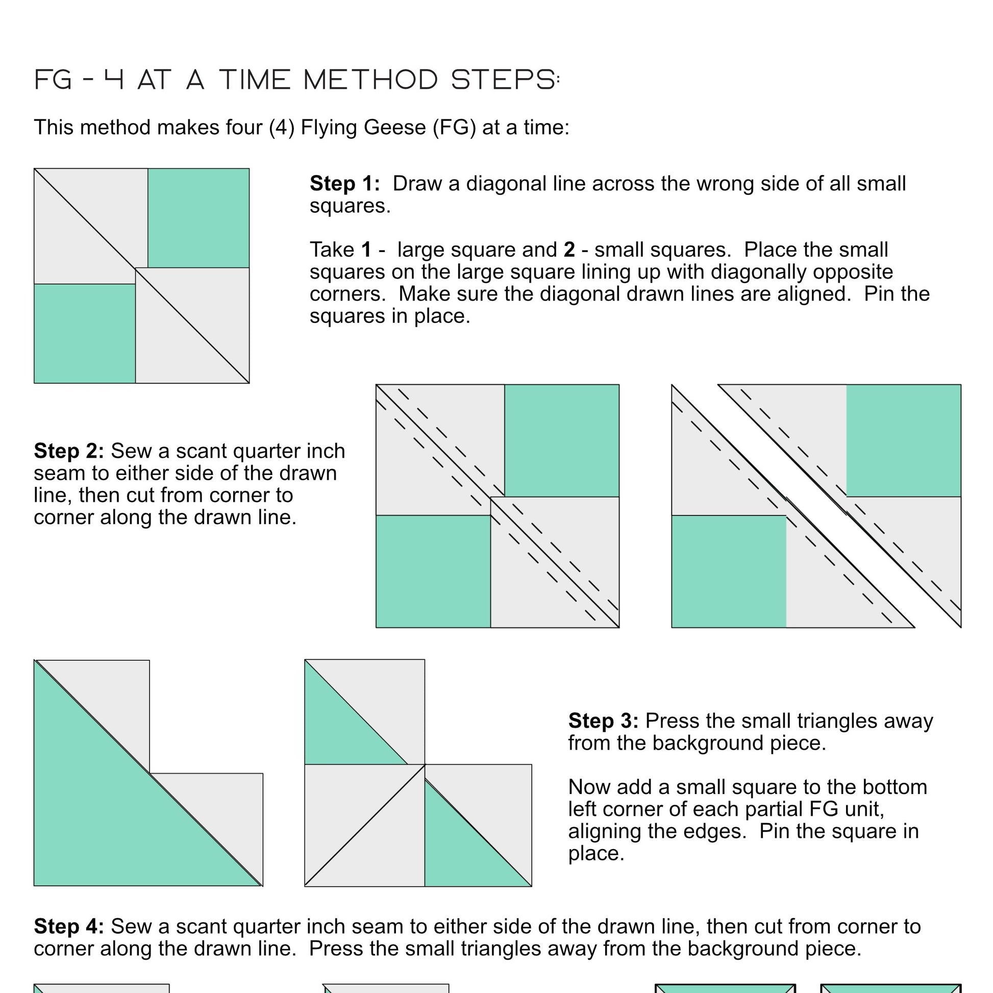 Flying Geese Cheat Sheet showing some of the steps to make 4 at a time Flying Geese